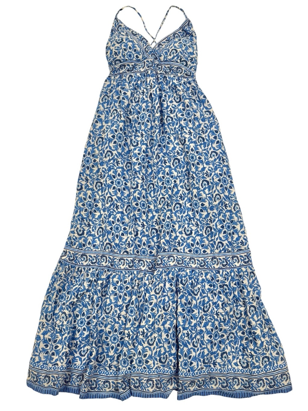 Vineyard Vines Katama Tile Print Maxi Dress XS Blue White Tie Back Coastal